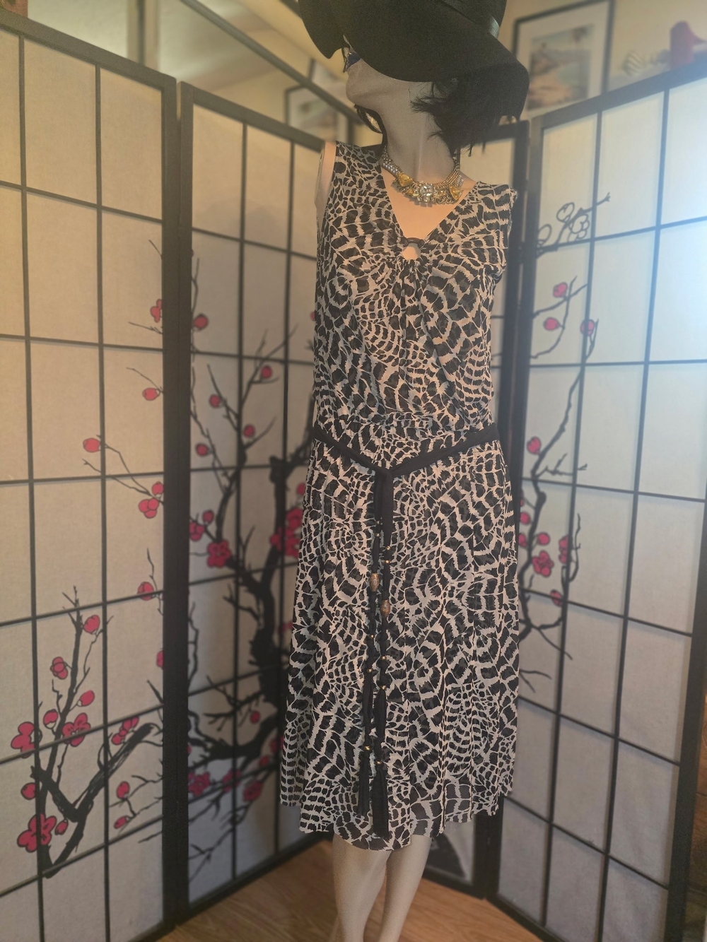 St John Sport Sleeveless Black & White Print V-Neck Midi Dress